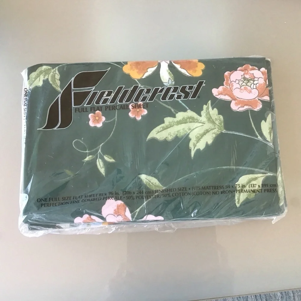 VTG Fieldcrest Full Flat Percale Sheet China Passage Empress Garden Green Floral
